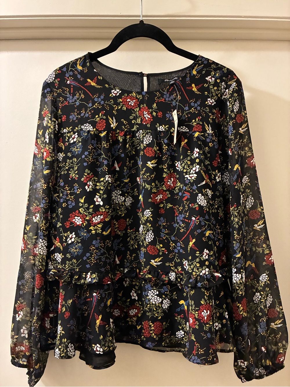 Madewell NWT Black Floral Chiffon Peplum Blouse